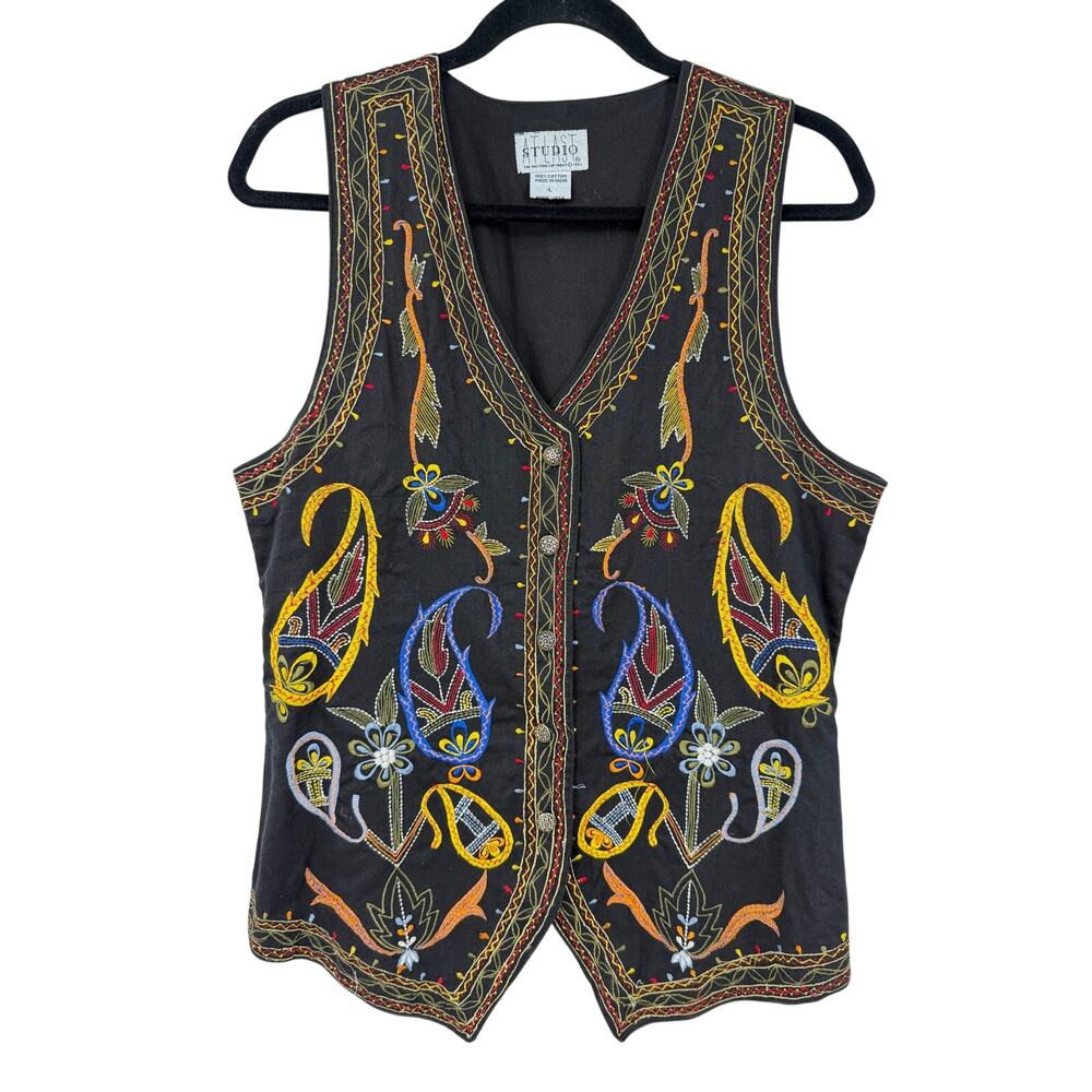 Vintage Atlas Studio Womens Vest Size L Black Embroidered Boho Cottagecore